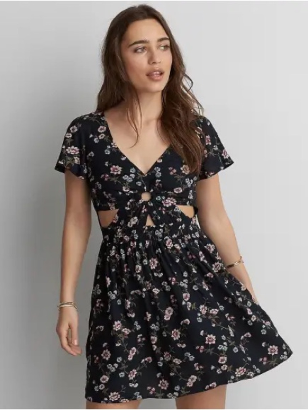 American Eagle Navy Pink Floral Cutout Boho Dress M